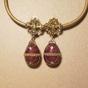 Faberge-Style Brick Red CZ Egg Clip Earrings